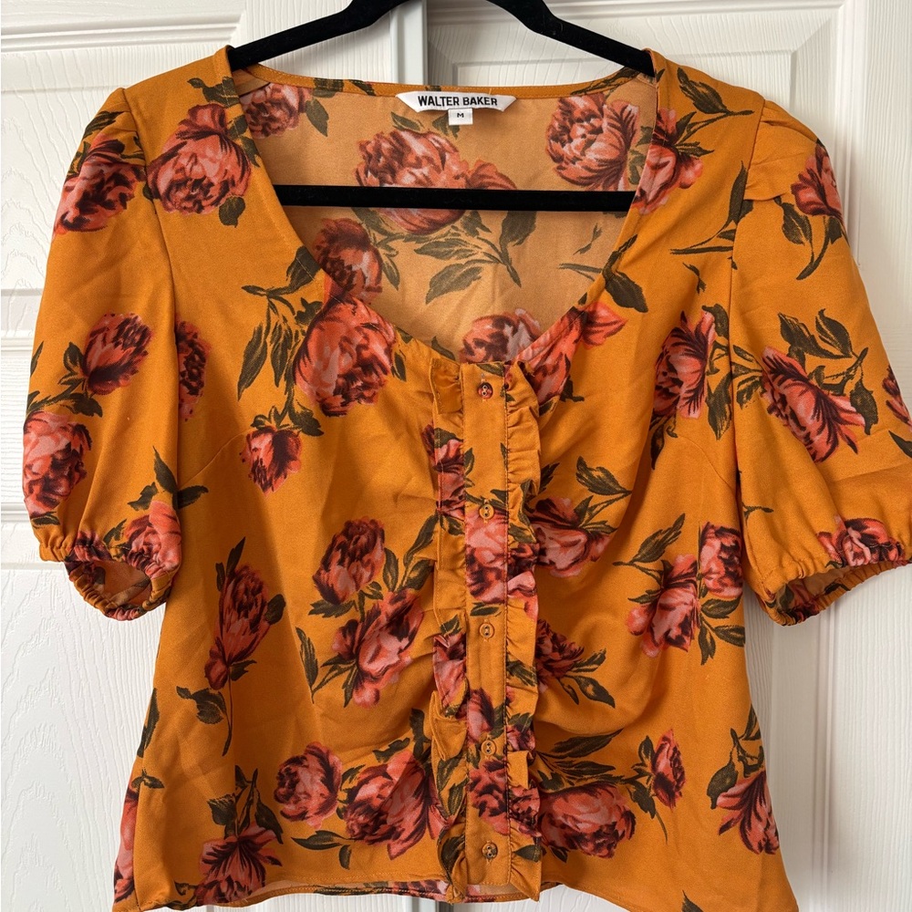 Walter Baker Floral Top Rouched Buttons Orange Cropped Size Medium
